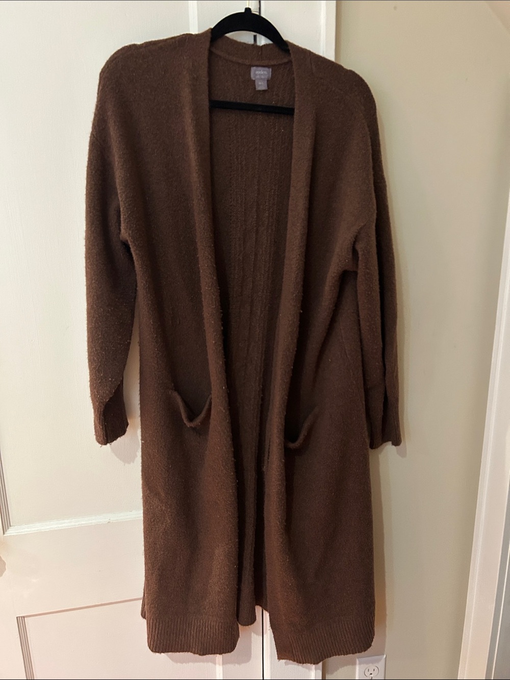 Auden Long Open-Front Brown Cardigan with Pockets